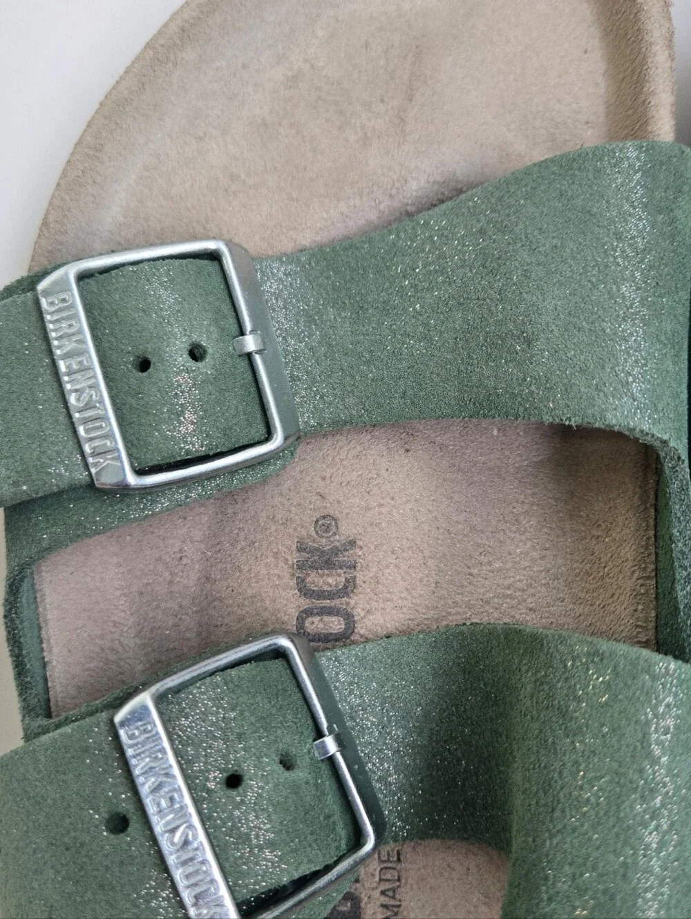Birkenstock Green Suede Two-Strap Sandals